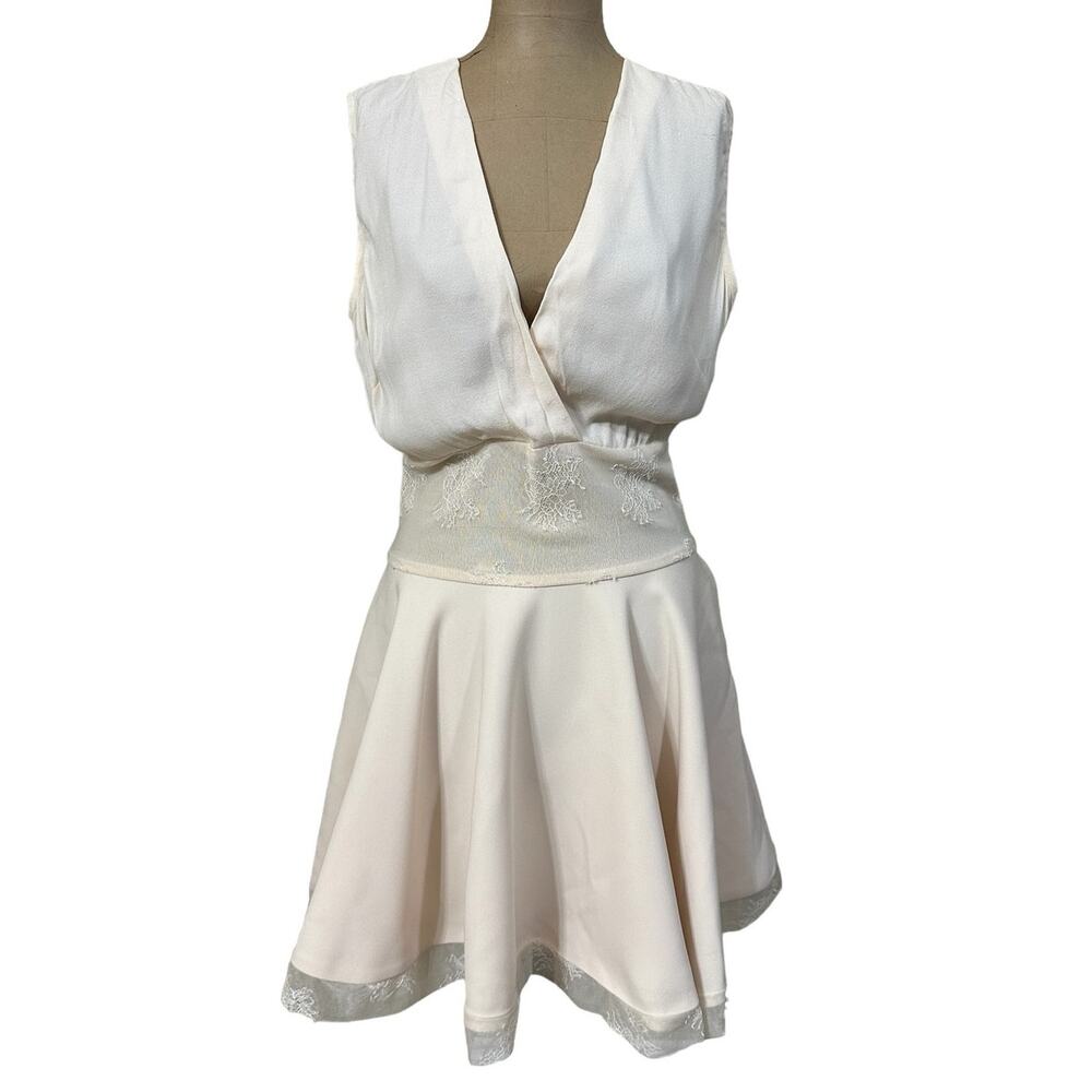 Maje Mini Dress Fit & Flare Sheer Top Cream Lace Waist Flare Skirt